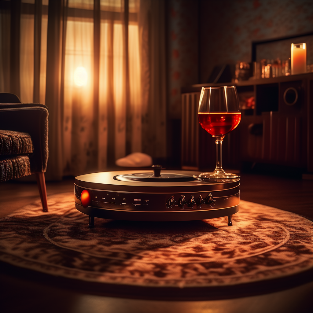 {"zh":"暖黄灯光下，复古黑胶唱机置于花纹地毯中央，杯中红酒映着窗边柔光，营造出温馨静谧的居家休闲氛围。","en":"Under warm yellow light, a vintage turntable sits in the center of a patterned rug, while red wine in a glass reflects the soft glow by the window, creating a cozy and tranquil home leisure atmosphere.","ja":"暖かな黄色い照明のもと、レトロなレコードプレーヤーが花模様のカーペットの中央に置かれ、グラスに入った赤ワインが窓辺のやわらかな光を映し出し、心安らぐ静かな家庭のくつろぎの雰囲気を演出しています。","ko":"따뜻한 노란빛 아래, 빈티지 턴테이블이 꽃무늬 카펫 한가운데 놓여 있고, 잔에 담긴 레드와인은 창가의 부드러운 빛을 비추며 아늑하고 고요한 집안의 여유로운 분위기를 자아냅니다.","es":"Bajo una cálida luz amarilla, un tocadiscos retro se encuentra en el centro de una alfombra con patrones florales, mientras que el vino tinto en la copa refleja la tenue luz junto a la ventana, creando un ambiente hogareño acogedor y tranquilo.","fr":"Sous une lumière jaune chaleureuse, un tourne-disque rétro trône au centre d’un tapis à motifs, tandis que le vin rouge dans le verre reflète la douce lueur près de la fenêtre, créant une atmosphère de détente et de sérénité à la maison.","de":"Unter warmem gelbem Licht steht ein Vintage-Plattenspieler in der Mitte eines gemusterten Teppichs, während der Rotwein im Glas das sanfte Licht am Fenster widerspiegelt und eine gemütliche, ruhige Atmosphäre des häuslichen Rückzugs schafft.","it":"Sotto una calda luce gialla, un giradischi vintage è posato al centro di un tappeto a motivi floreali, mentre il vino rosso nel bicchiere riflette la tenue luce alla finestra, creando un'atmosfera domestica accogliente e tranquilla.","pt":"Sob uma luz amarela acolhedora, um toca-discos vintage está posicionado no centro de um tapete estampado, enquanto o vinho tinto no copo reflete a suave luminosidade ao lado da janela, criando uma atmosfera caseira aconchegante e serena.","ru":"Под теплым желтым светом винтажный проигрыватель стоит посреди узорчатого ковра, а красное вино в бокале отражает нежный свет у окна, создавая уютную и спокойную атмосферу домашнего отдыха.","vi":"Dưới ánh đèn vàng ấm áp, chiếc máy hát đĩa than cổ điển nằm giữa tấm thảm hoa văn, trong khi rượu vang đỏ trong ly phản chiếu ánh sáng dịu dàng bên cửa sổ, tạo nên không khí thư giãn và yên bình trong ngôi nhà.","th":"ภายใต้แสงไฟสีเหลืองอุ่น โต๊ะเล่นแผ่นเสียงแบบวินเทจตั้งอยู่กลางพรมลายดอกไม้ ขณะที่ไวน์แดงในแก้วสะท้อนแสงอ่อนๆ ริมหน้าต่าง สร้างบรรยากาศความอบอุ่นและเงียบสงบสำหรับการพักผ่อนที่บ้าน","id":"Di bawah cahaya kuning yang hangat, sebuah pemutar piringan hitam klasik terletak di tengah karpet bermotif, sementara anggur merah dalam gelas memantulkan cahaya lembut di sisi jendela, menciptakan suasana rumah yang nyaman dan tenang untuk bersantai.","hi":"गर्म पीले रोशनी के नीचे, एक विंटेज ग्रामोफ़ोन फूलदार कालीन के बीच में रखा हुआ है, जबकि खिड़की के पास का नरम प्रकाश गिलास में रेड वाइन को दर्शाता है, घर में आराम करने का एक सुहाना और शांतिपूर्ण वातावरण बनाता है।","nl":"Onder een warmgele lamp staat een vintage platenspeler in het midden van een gebloemd tapijt, terwijl rode wijn in het glas de zachte gloed bij het raam weerspiegelt en een gezellige, rustige sfeer in huis creëert."}