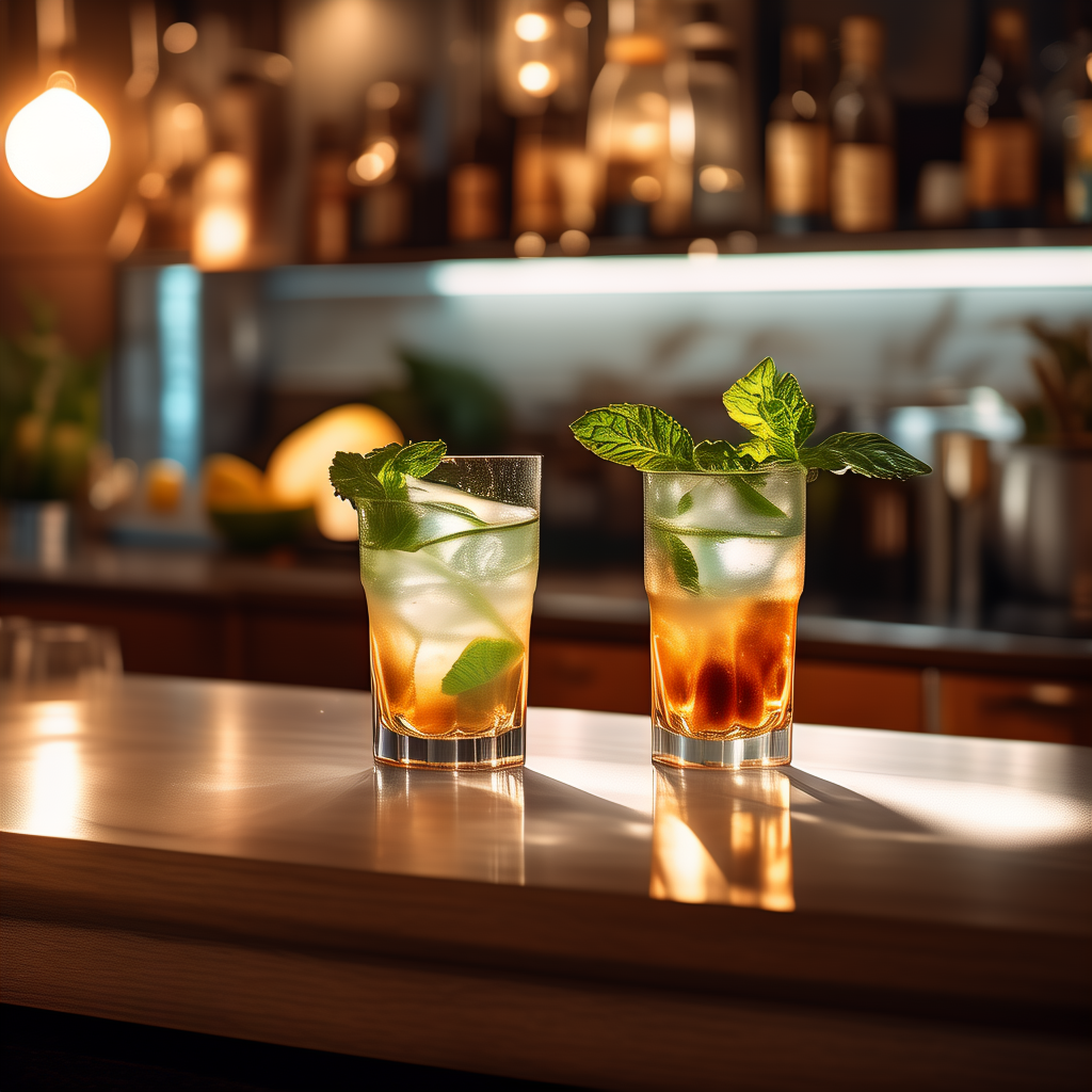 {"zh":"暖光吧台前两杯冰镇薄荷饮品，透明高脚杯中金橙色酒液与冰块相融，杯沿点缀鲜绿薄荷叶，背景酒架朦胧虚化，光影在木质台面投下温润倒影。","en":"Two chilled mint drinks in front of a warm-lit bar counter—golden-orange liquor blends with ice cubes in transparent highball glasses, garnished with fresh green mint leaves. The background wine rack is softly blurred, while light and shadow cast warm reflections on the wooden countertop.","ja":"暖かな光が差し込むバーカウンターの前には、冷たいミントドリンクが2杯。透明なハイボールグラスに黄金色とオレンジ色の酒が氷と溶け合い、グラスの縁には新鮮なグリーンのミントの葉が飾られている。背景のワインラックはぼんやりと霞み、木製のカウンタートップには光と影が温かく映り込んでいる。","ko":"따뜻한 조명이 비치는 바 카운터 앞에는 차가운 민트 음료 두 잔이 놓여 있다. 투명한 하이볼 글라스 속에 황금빛과 오렌지빛 술이 얼음과 어우러지고, 유리 가장자리에는 싱그러운 초록색 민트 잎이 장식되어 있다. 배경의 와인 선반은 흐릿하게 흐려져 있고, 나무로 된 카운터 표면에는 빛과 그림자가 부드럽게 반영되어 있다.","es":"Dos bebidas de menta frías frente a una barra con luz cálida: el licor dorado y anaranjado se mezcla con los cubos de hielo en copas altas transparentes, adornadas con hojas de menta verde brillante. El estante de vinos al fondo está suavemente desenfocado, mientras la luz y las sombras proyectan reflejos cálidos sobre la encimera de madera.","fr":"Deux boissons à la menthe fraîches devant un comptoir de bar aux lumières chaleureuses : le liquide d'or et d'orange se mêle aux glaçons dans des verres hauts transparents, ornés de feuilles de menthe vertes et fraîches. L'étagère à vins en arrière-plan est floue, tandis que la lumière et les ombres dessinent des reflets doux sur le plan de travail en bois.","de":"Zwei gekühlte Minzgetränke vor einer warm beleuchteten Bartheke – goldorange Flüssigkeit verschmilzt mit Eiswürfeln in durchsichtigen Highball-Gläsern, garniert mit frischen grünen Minzblättern. Der Hintergrund mit dem Weinregal ist sanft unscharf, während Licht und Schatten warme Reflexe auf die hölzerne Theke werfen.","it":"Due bevande alla menta fresche davanti a un bancone da bar illuminato da luci calde: il liquido dorato e arancione si fonde con i cubetti di ghiaccio in bicchieri alti e trasparenti, decorati con foglie di menta verde brillante. Lo scaffale dei vini sullo sfondo è leggermente sfocato, mentre la luce e le ombre proiettano riflessi caldi sul piano del bancone in legno.","pt":"Duas bebidas geladas de hortelã em frente ao balcão de um bar com luz quente — o líquido dourado e alaranjado mistura-se aos cubos de gelo em copos altos e transparentes, decorados com folhas de hortelã verde fresca. O estante de vinhos ao fundo é suavemente desfocado, enquanto a luz e as sombras projetam reflexos acolhedores sobre o balcão de madeira.","ru":"Два охлаждённых мятных напитка перед барной стойкой с тёплым освещением — золотисто-оранжевый алкоголь смешивается с кубиками льда в прозрачных высоких бокалах, украшенных свежими зелёными листьями мяты. Задний фон с винным шкафом размыт и расплывается, а свет и тени отбрасывают тёплые отражения на деревянную поверхность стола.","vi":"Hai ly đồ uống bạc hà mát lạnh trước quầy bar với ánh sáng ấm áp – rượu màu vàng cam hòa quyện với đá viên trong những ly cao trong suốt, được trang trí bằng lá bạc hà xanh tươi. Kệ rượu phía sau mờ ảo, trong khi ánh sáng và bóng đổ tạo nên những phản chiếu ấm áp trên mặt bàn gỗ.","th":"สองแก้วเครื่องดื่มมินต์เย็นฉ่ำตั้งอยู่หน้าเคาน์เตอร์บาร์ที่ส่องแสงอบอุ่น ของเหลวสีทองอมส้มไหลกลมกลืนกับก้อนน้ำแข็งในแก้วไฮบอลใส ประดับด้วยใบมินต์สีเขียวสด ชั้นวางไวน์เบื้องหลังพร่าเลือน ขณะที่แสงและเงาทอดภาพสะท้อนอันอบอุ่นลงบนพื้นผิวไม้ของเคาน์เตอร์","id":"Dua gelas minuman mint dingin di depan meja bar dengan pencahayaan hangat—cairan berwarna keemasan dan oranye menyatu dengan es batu dalam gelas tinggi yang transparan, dihiasi dengan daun mint hijau segar. Rak anggur di latar belakang tampak kabur, sementara cahaya dan bayangan membentuk pantulan hangat di permukaan meja kayu.","hi":"गर्म रोशनी वाले बार काउंटर के सामने दो ठंडे मिंट ड्रिंक्स हैं - पारदर्शी हाईबॉल ग्लास में सुनहरे और नारंगी रंग का शराब बर्फ के साथ मिलता है, जिसके किनारे पर ताज़े हरे मिंट के पत्ते सजे हुए हैं। पृष्ठभूमि में वाइन रैक धुंधली और अस्पष्ट है, जबकि प्रकाश और छाया लकड़ी के काउंटर पर नरम प्रतिबिंब डालते हैं।"}