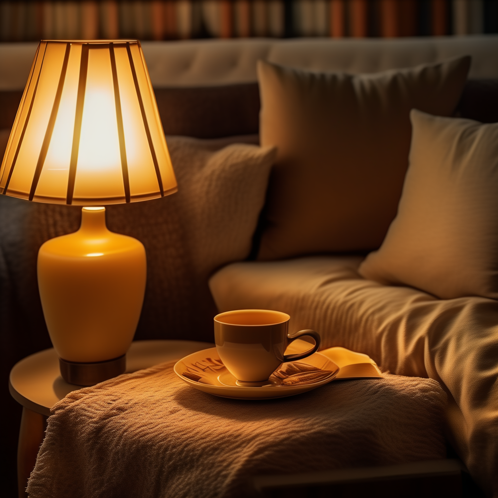 {"zh":"暖黄色台灯照亮沙发旁小圆桌上的一杯热饮与饼干，柔和光线洒在米色毯子与靠枕上，营造出温馨静谧的居家休憩氛围。","en":"A warm yellow desk lamp illuminates a cup of hot beverage and cookies on a small round table beside the sofa, while soft light falls over the beige blanket and cushions, creating a cozy and tranquil home retreat.","ja":"暖黄色のデスクライトがソファ横の小さな丸テーブルに置かれたホットドリンクとクッキーを照らし、やわらかな光がベージュのラグとクッションに広がり、心地よい静けさに満ちた居心地の良いリラックス空間を演出します。","ko":"따뜻한 노란색의 데스크 램프가 소파 옆 작은 원형 테이블 위의 따뜻한 음료와 쿠키를 비추며, 부드러운 빛이 베이지색 담요와 쿠션에 내려앉아 아늑하고 고요한 집 안 휴식 분위기를 자아냅니다.","es":"Una lámpara de escritorio de color amarillo cálido ilumina una taza de bebida caliente y galletas sobre una pequeña mesa redonda junto al sofá, mientras la luz suave se extiende sobre la manta y los cojines en tonos beige, creando un ambiente hogareño acogedor y tranquilo.","fr":"Une lampe de bureau jaune chaud éclaire une tasse de boisson chaude et des biscuits sur une petite table ronde à côté du canapé, tandis que la lumière douce se dépose sur la couverture beige et les coussins, créant une atmosphère de détente paisible et chaleureuse dans le foyer.","de":"Eine warme gelbe Schreibtischlampe beleuchtet eine Tasse heißes Getränk und Kekse auf einem kleinen runden Tisch neben dem Sofa, während sanftes Licht über die beigefarbene Decke und die Kissen fällt und eine gemütliche, ruhige Atmosphäre zum Entspannen zu Hause schafft.","it":"Una lampada da scrivania di colore giallo caldo illumina una tazza di bevanda calda e dei biscotti su un piccolo tavolo rotondo accanto al divano, mentre la luce soffusa si posa sulla coperta beige e sui cuscini, creando un'atmosfera domestica accogliente e tranquilla.","pt":"Uma luminária de mesa em tom amarelo quente ilumina uma xícara de bebida quente e biscoitos sobre uma pequena mesa redonda ao lado do sofá, enquanto a luz suave se espalha sobre o tapete bege e os almofadões, criando um ambiente doméstico acolhedor e tranquilo para descansar.","ru":"Теплый желтый настольный светильник освещает чашку горячего напитка и печенье на небольшом круглом столике у дивана, а мягкий свет падает на бежевое одеяло и подушки, создавая уютную и спокойную атмосферу домашнего отдыха.","vi":"Đèn bàn màu vàng ấm chiếu sáng một ly đồ uống nóng và bánh quy trên chiếc bàn tròn nhỏ cạnh ghế sofa, ánh sáng dịu nhẹ trải đều trên tấm thảm màu be và những chiếc gối tựa, tạo nên không gian nghỉ ngơi ấm cúng và yên tĩnh trong ngôi nhà.","th":"โคมไฟตั้งโต๊ะสีเหลืองอุ่นส่องสว่างถ้วยเครื่องดื่มร้อนและคุกกี้บนโต๊ะกลมเล็กข้างโซฟา แสงที่นุ่มนวลสาดลงบนผ้าห่มสีเบจและหมอนอิง สร้างบรรยากาศการพักผ่อนในบ้านที่อบอุ่นและเงียบสงบ","id":"Lampu meja berwarna kuning hangat menerangi secangkir minuman panas dan kue di atas meja bundar kecil di samping sofa, sementara cahaya lembut menyebar di atas selimut warna krem dan bantal, menciptakan suasana santai yang nyaman dan tenang di rumah.","hi":"गर्म पीले रंग का डेस्क लैंप सोफ़े के पास एक छोटी गोल मेज पर गर्म पेय और कुकीज़ को रोशन करता है, जबकि नरम प्रकाश बेज रंग की कंबल और तकिए पर फैलता है, घर में आराम करने का एक गर्म और शांतिपूर्ण वातावरण बनाता है।"}